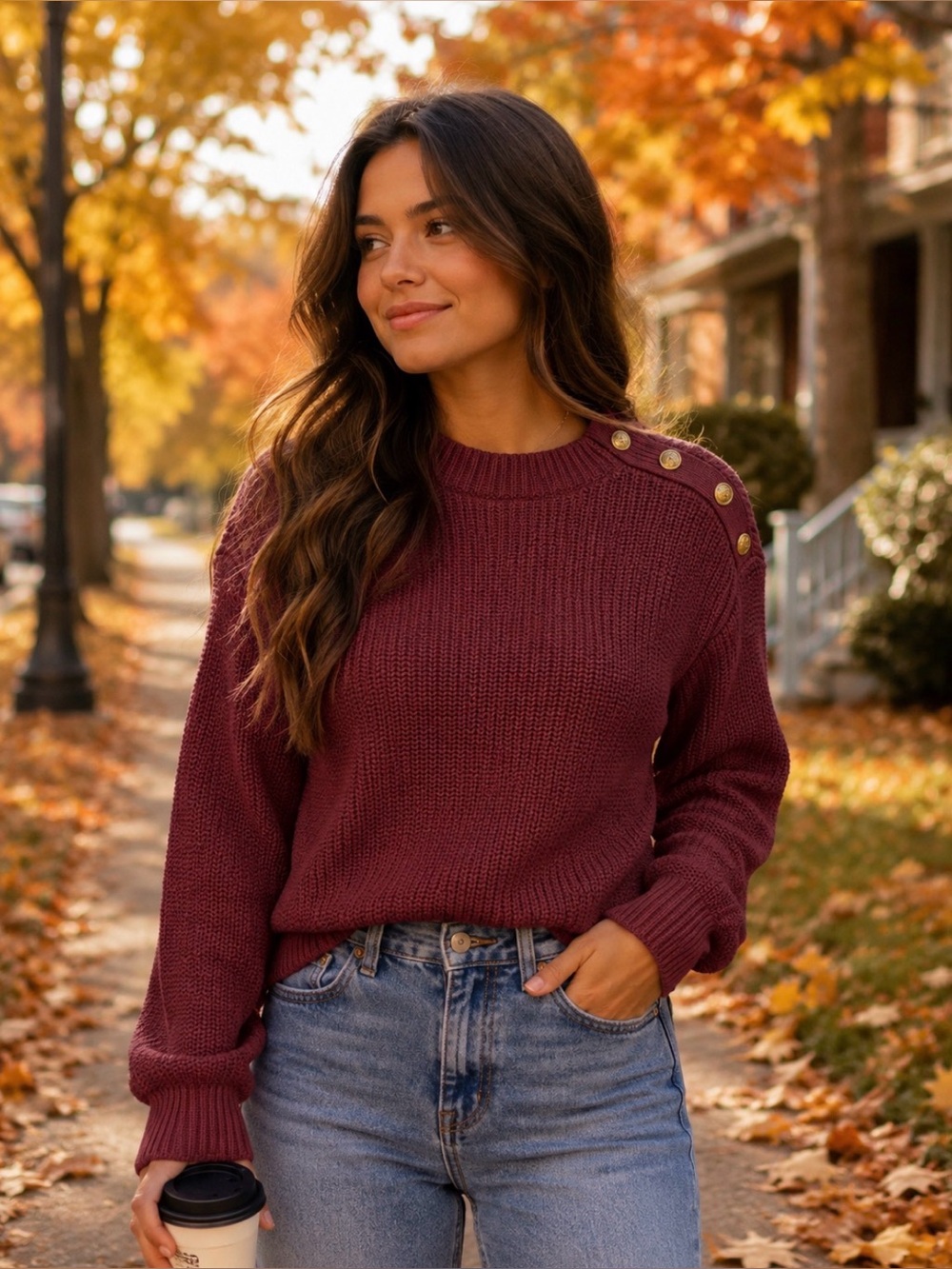Ann Taylor Burgundy Knit Sweater with Button Shoulder